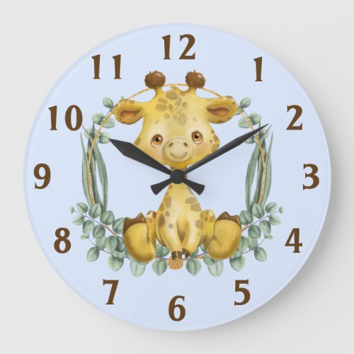 Cute Jungle Safari Giraffe Blue Baby Nursery  Large Clock