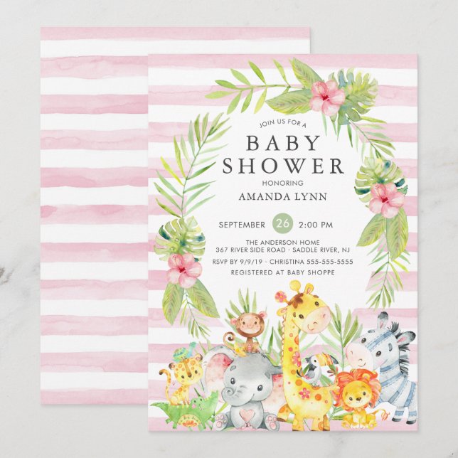 Cute Jungle Safari Girl Baby Shower Invitation (Front/Back)