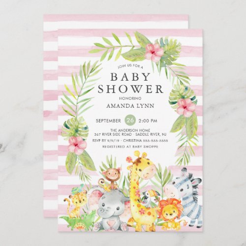 Cute Jungle Safari Girl Baby Shower Invitation