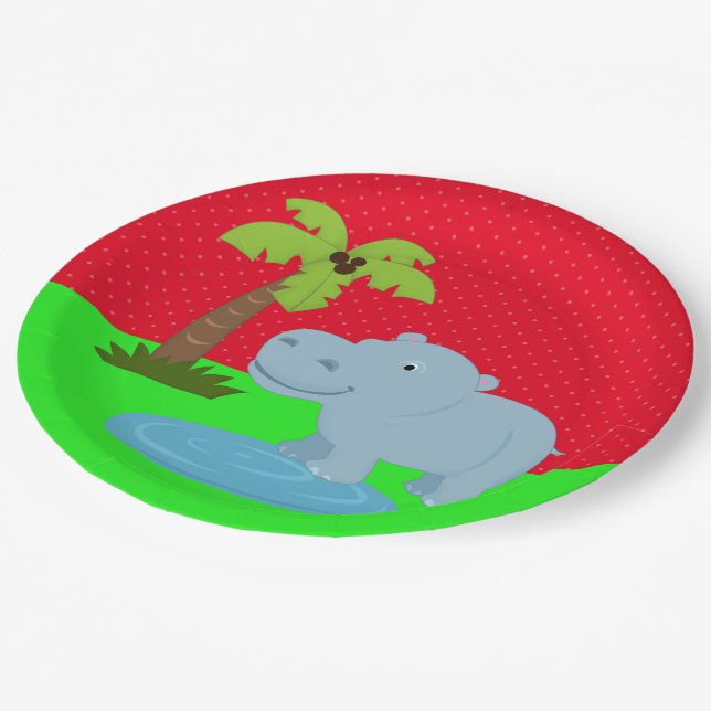 Cute jungle safari hippo paper plates (Angled)