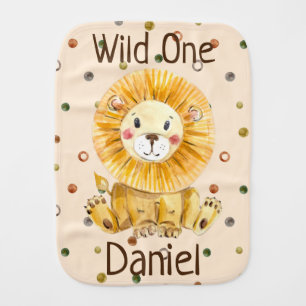 Cute Jungle Safari Lion Polka Dot Watercolor Name Baby Burp Cloth