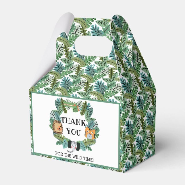 Cute Jungle Safari Lion Tiger Elephant Birthday Favor Boxes (Front Side)