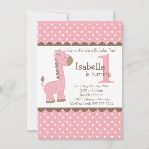 Cute Jungle Safari Pink Giraffe Birthday Party Custom Announcement