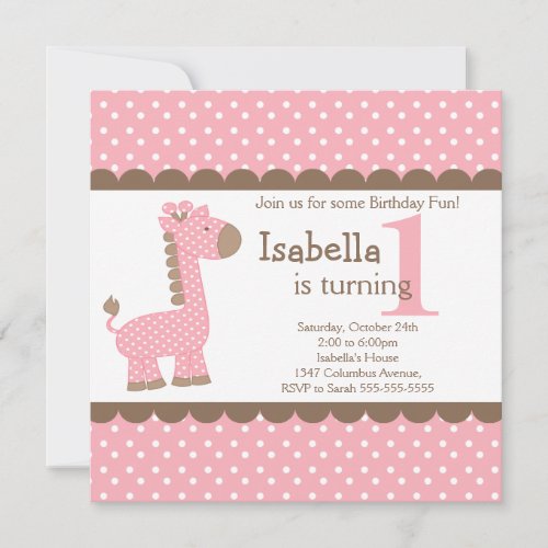 Cute Jungle Safari Pink Giraffe Birthday Party Personalized Invites
