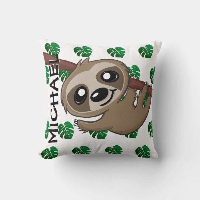 Cute Jungle Safari Sloth Animal Kids Throw Pillow (Front)