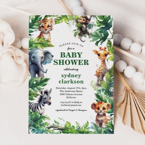 Cute Jungle Safari Tropical Animals Baby Shower Invitation