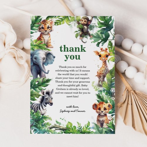 Cute Jungle Safari Tropical Animals Baby Shower Thank You Card