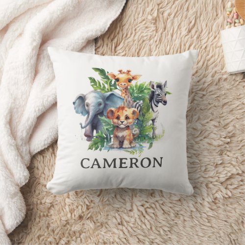 Cute Jungle Safari Tropical Animals Name Throw Pillow