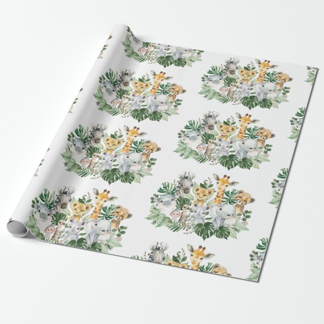 Cute Jungle Safari Wild Animals Tropical Greenery Wrapping Paper (Unrolled)