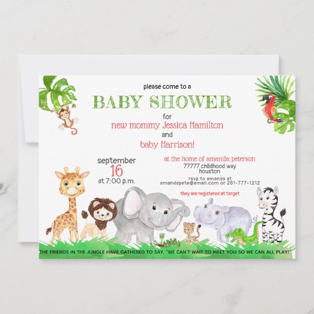 Cute Jungle Safari Zoo Animals Baby Shower Invitation (Front)