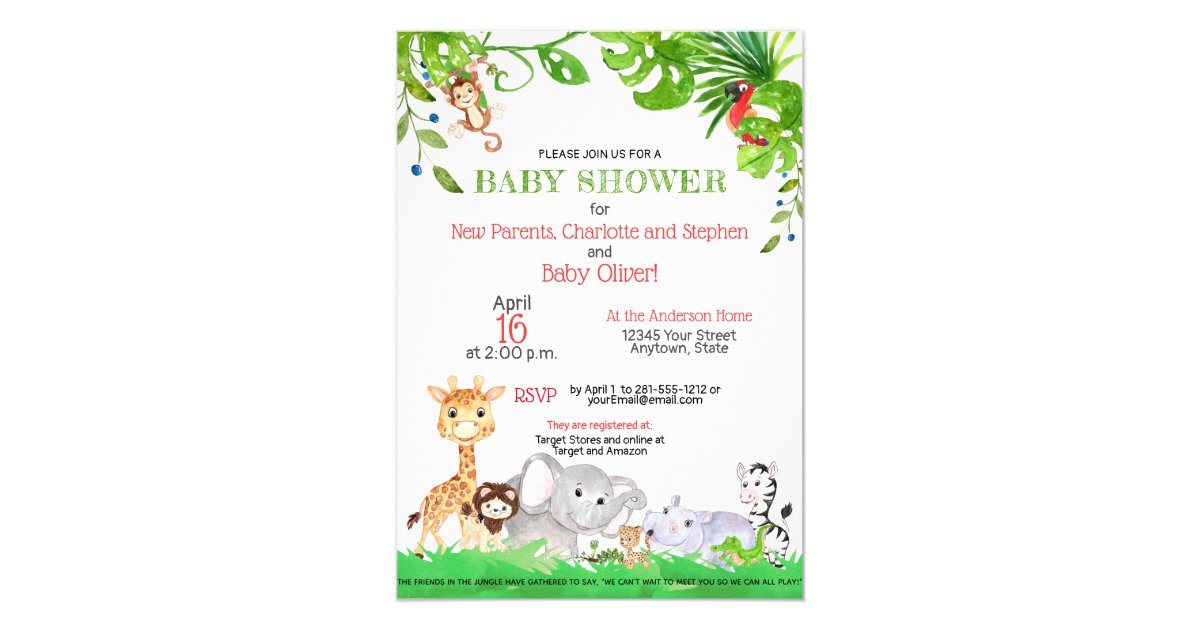 Cute Jungle Safari Zoo Animals Baby Shower Invitation Zazzle Com