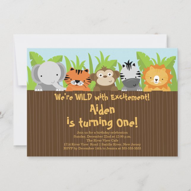 Cute Jungle Safari Zoo Animals Kids Birthday Invitation (Front)