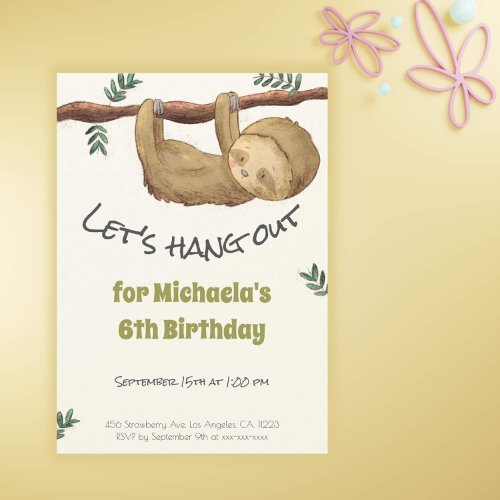 Cute Jungle Sloth Birthday Party Invitation