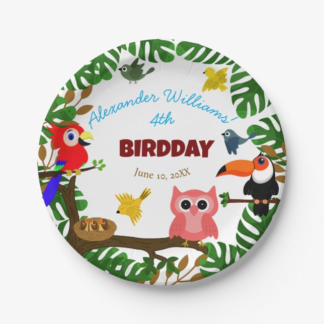 Cute Jungle Summer Birds Kid's Birthday Paper Plates (Front)