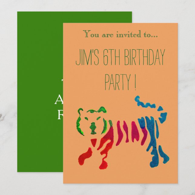 Cute jungle tiger illustration boy birthday party invitation (Front/Back)