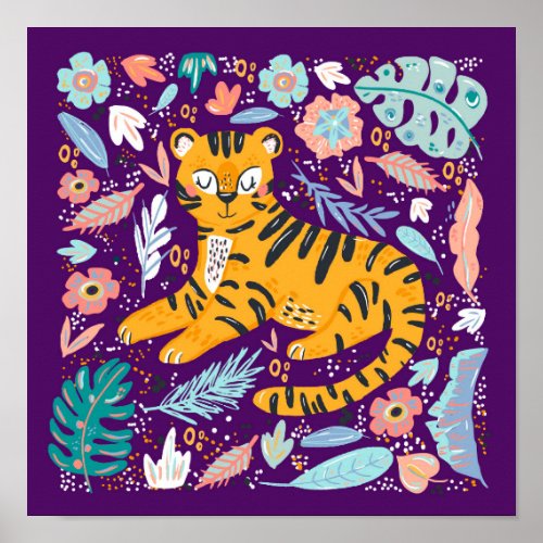 Cute Jungle Tiger Purple Nursery Poster