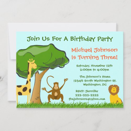 Cute Jungle Zoo Animals Grass Boy's Birthday Party Invitations