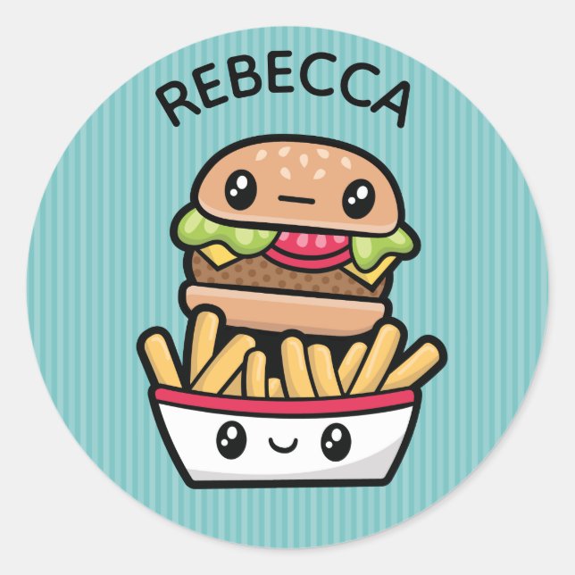 Cute Junk Food Burger and Fries Classic Round Sticker (Front)