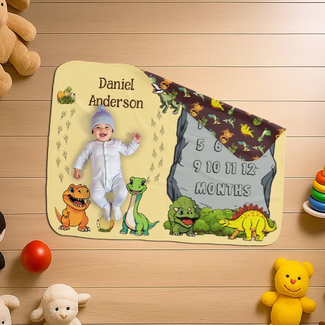 Cute Jurassic Dinosaur Whimsical Cartoon Milestone Baby Blanket (Creator Uploaded)
