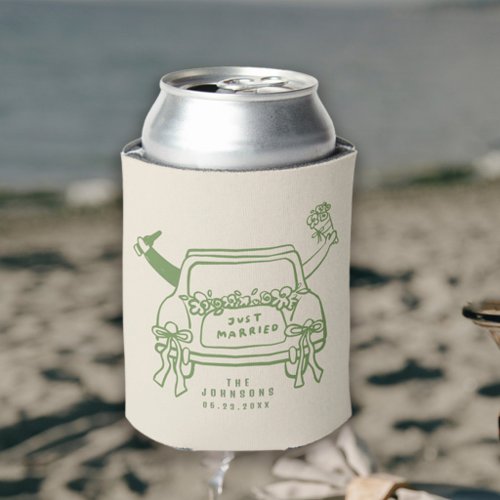 Cute Just Married Car Illustration Wedding Can Cooler