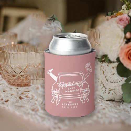 Cute Just Married Car Mauve Wedding Can Cooler