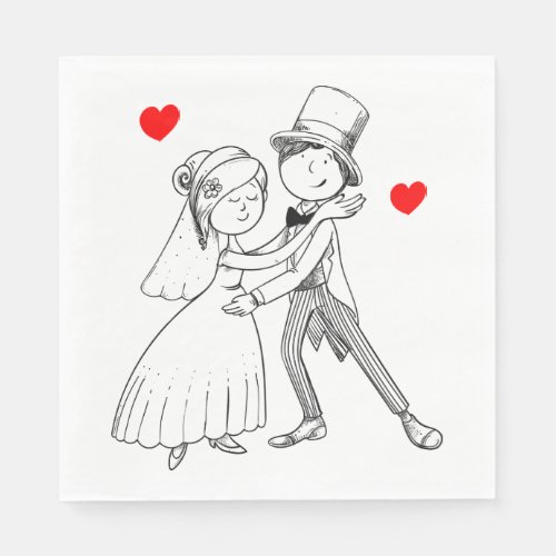 Cute Just Married Cartoon Bride Groom Red Wedding Napkins