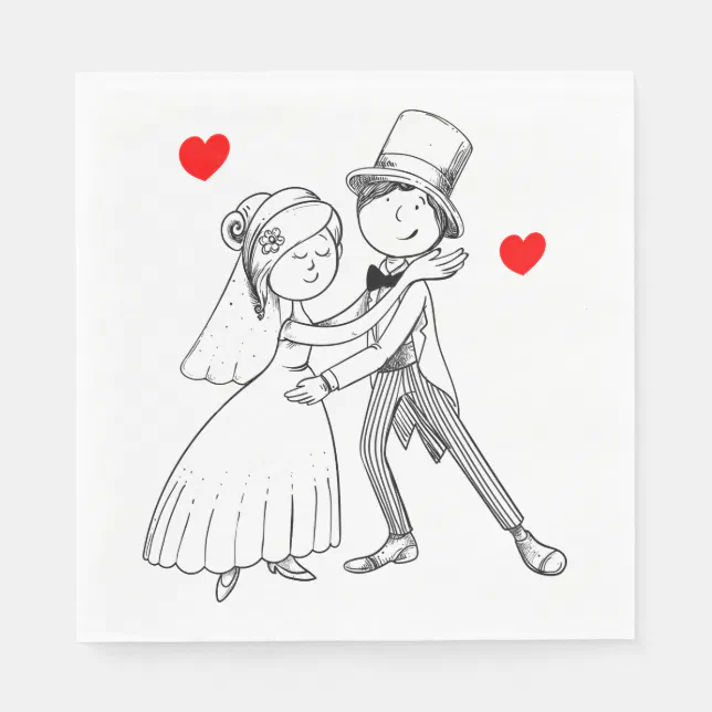 Cute Just Married Cartoon Bride Groom Red Wedding Napkins Zazzle 