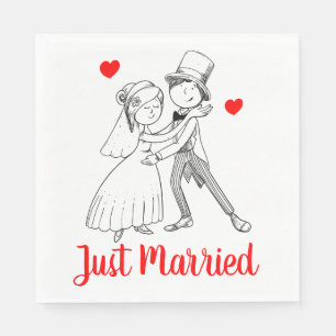 Cute Just Married Cartoon Bride Groom Red Wedding Napkins