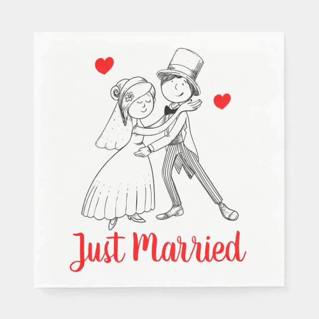 Cute Just Married Cartoon Bride Groom Red Wedding Napkins (Front)