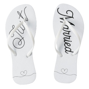 Cute Just Married Heart black script Flip Flops