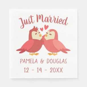 Cute Just Married Lovebirds Red Burgundy Wedding Napkins
