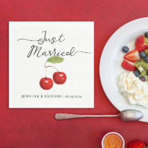 Cute Just Married Retro Red Cherries Wedding Napkins