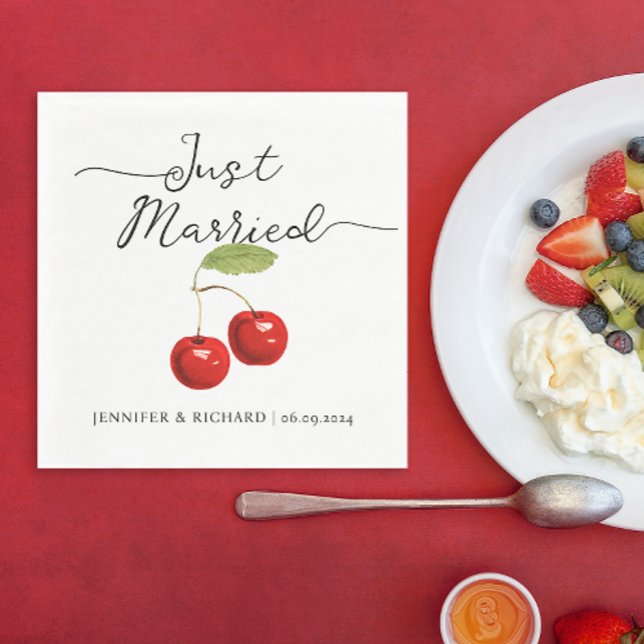 Cute Just Married Retro Red Cherries Wedding  Napkins (Creator Uploaded)