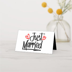 Cute Just Married Wedding Announcement Black White Place Card
