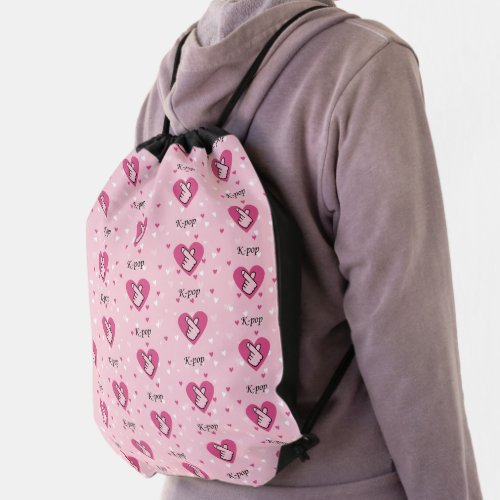 Cute K_pop Finger Heart Pink Love Drawstring Bag