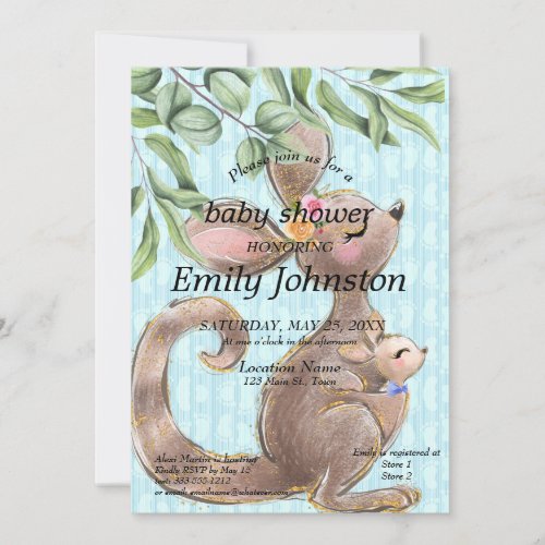 Cute Kangaroo and Joey Blue Baby Shower Invitation