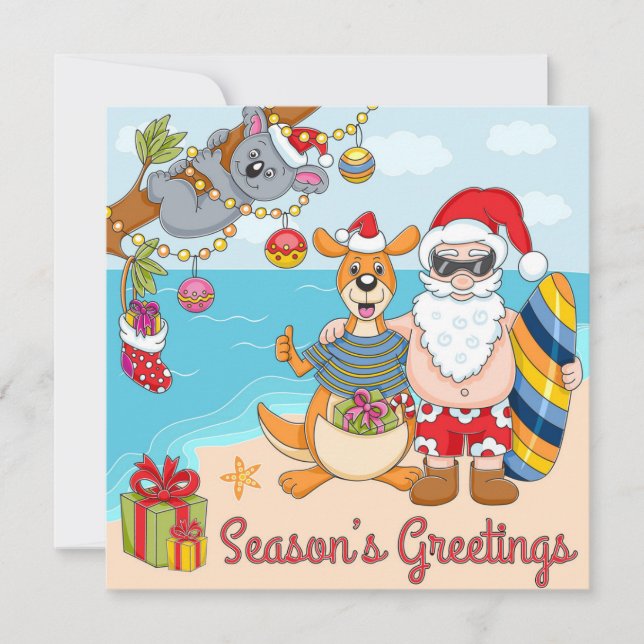 Cute kangaroo and koala bear with Santa Holiday Card (Front)