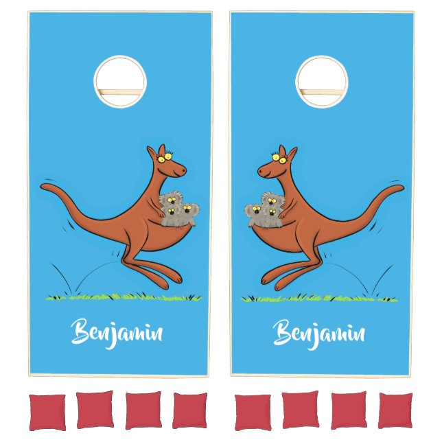 Cute kangaroo and koalas cartoon illustration cornhole set (Set)