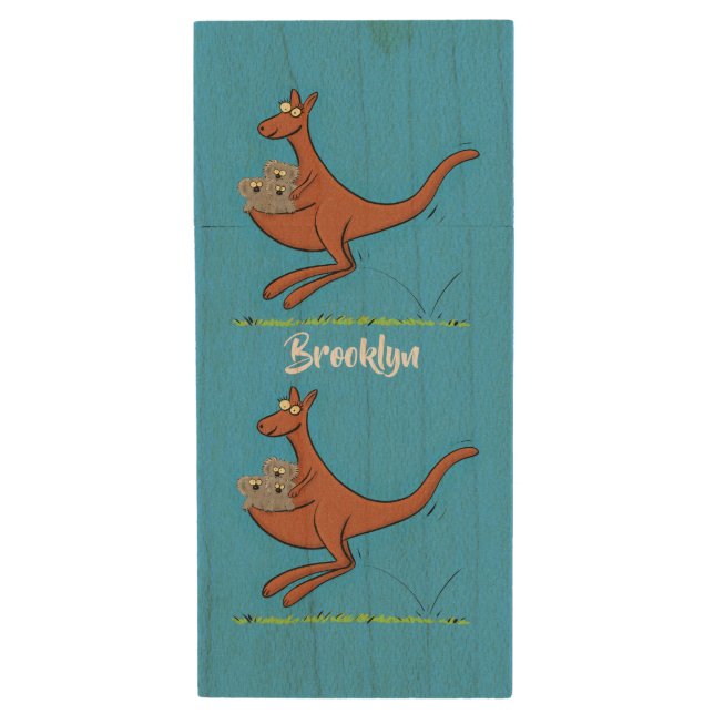Cute kangaroo and koalas cartoon illustration wood flash drive (Front Vertical)