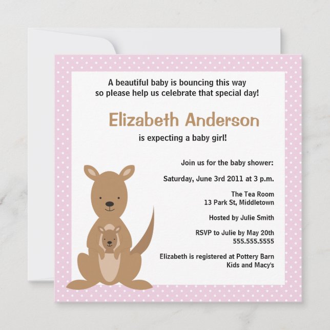 Cute Kangaroo Baby Shower Invitation - Girl (Front)