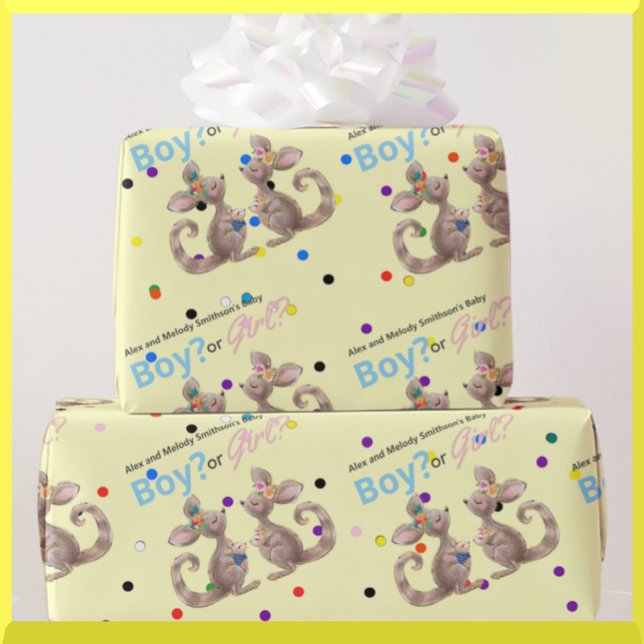 Cute Kangaroo Gender Reveal Yellow Wrapping Paper (Creator Uploaded)