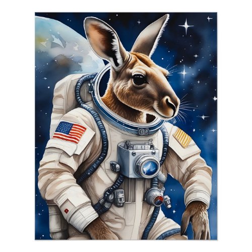 Cute Kangaroo in Astronaut Suit in Outer Space Poster