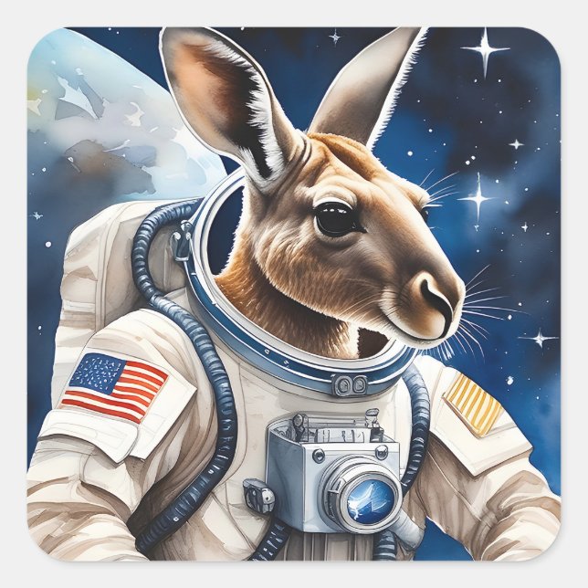 Cute Kangaroo in Astronaut Suit in Outer Space Square Sticker (Front)