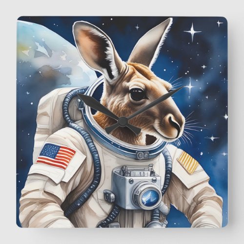 Cute Kangaroo in Astronaut Suit in Outer Space Square Wall Clock