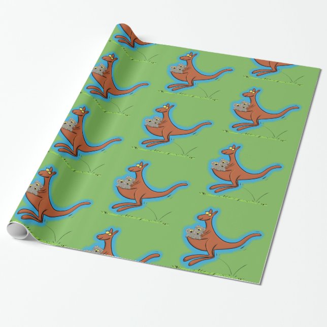 Cute Kangaroo with koalas cartoon green pattern Wrapping Paper (Unrolled)