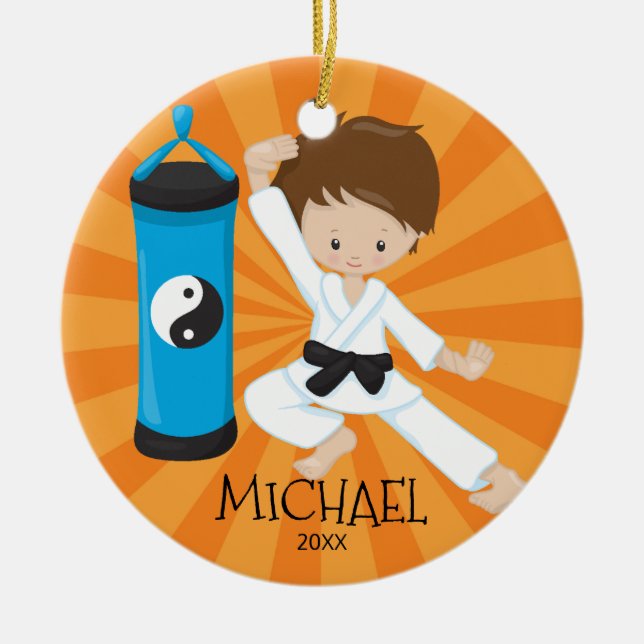 Cute Karate Boy Personalized Christmas Ornament (Front)
