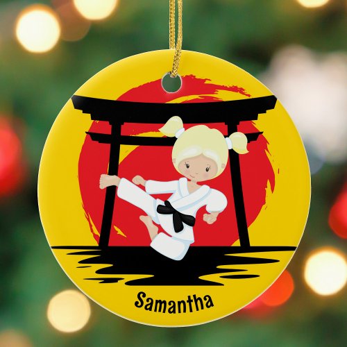 Cute Karate Girl Customizable Kids Name Christmas Ceramic Ornament