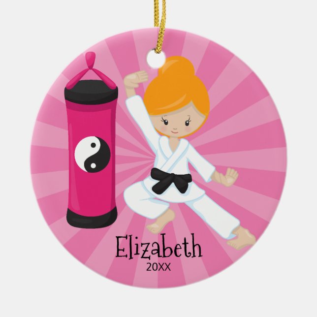 Cute Karate Girl Personalized Christmas Ornament (Front)