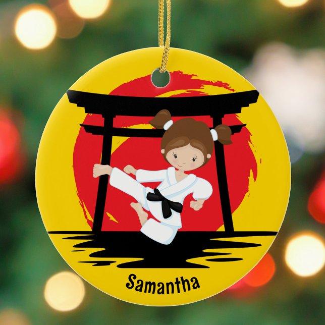 Cute Karate Girl Personalized Kids Name Christmas Ceramic Ornament (Creator Uploaded)