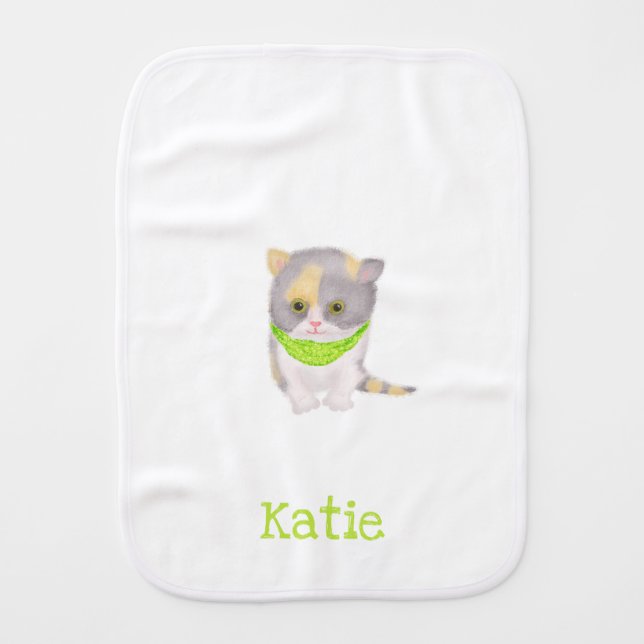 Cute Katie kitten personalized baby burp cloth (Front)